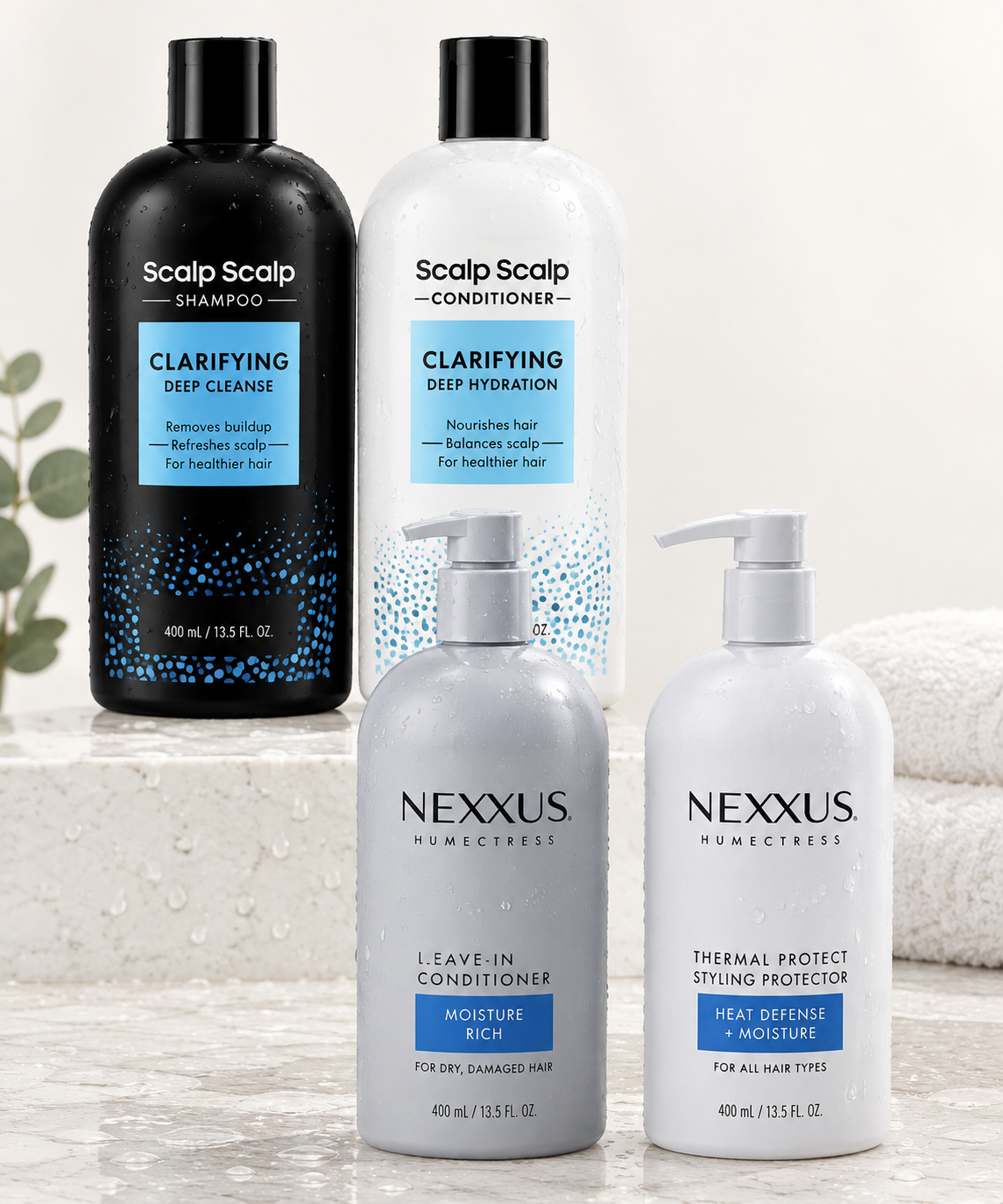 Washing essentials — clarifying shampoo and conditioner with Nexxus leave-in conditioner and thermal protector