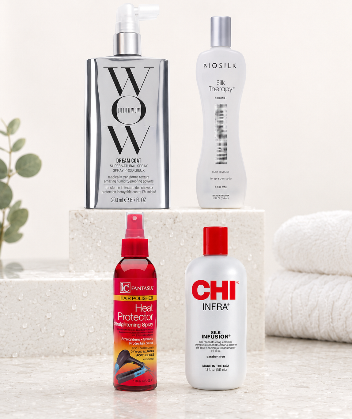 Styling essentials — Color Wow Dream Coat, Biosilk Silk Therapy, IC Fantasia Heat Protector, CHI Silk Infusion