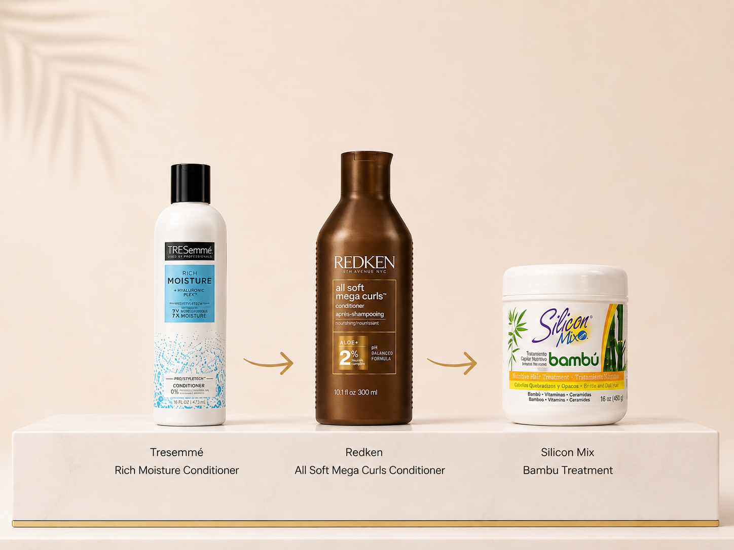 Recommended conditioners — Tresemmé Rich Moisture, Redken All Soft Mega Curls, Silicon Mix Bambu Treatment